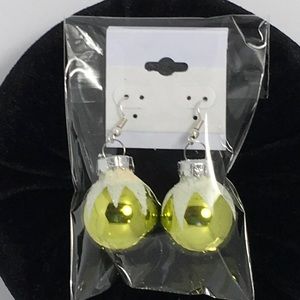 Glass Green & White Christmas Ornament Earrings